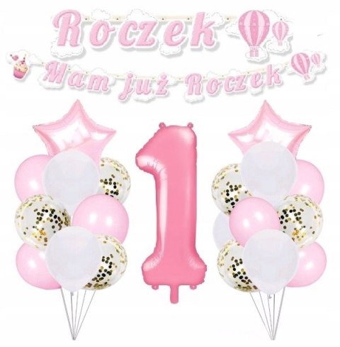 Balony z konfetti zestaw cyfra 1 na roczek różowe Balony z konfetti zestaw cyfra 1 na roczek różowe