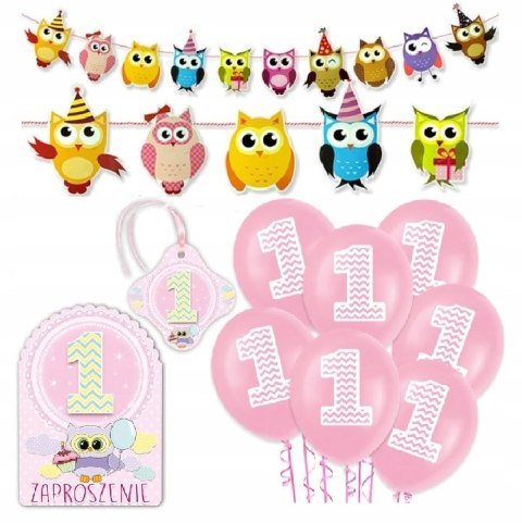 Balony zaproszenia girlanda SÓWKI na roczek ZESTAW Balony zaproszenia girlanda SÓWKI na roczek ZESTAW