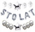 Srebrny napis baner sto lat balony z konfetti Srebrny napis baner sto lat balony z konfetti