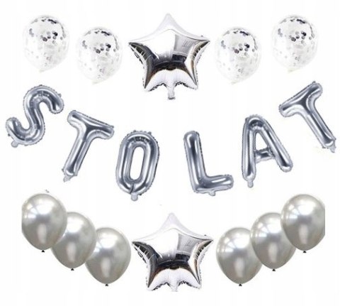 Srebrny napis baner sto lat balony z konfetti Srebrny napis baner sto lat balony z konfetti